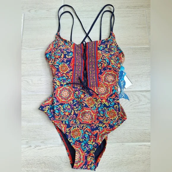 Skinny Dippers Women's Lace Up Front Removable Cup One-piece Swimsuit - Large - Picture 5 of 13